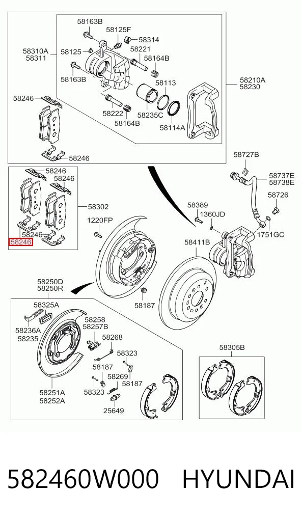 582460W000 Hyundai/Kia Kit de molas de fixação de sapatas de disco traseiras