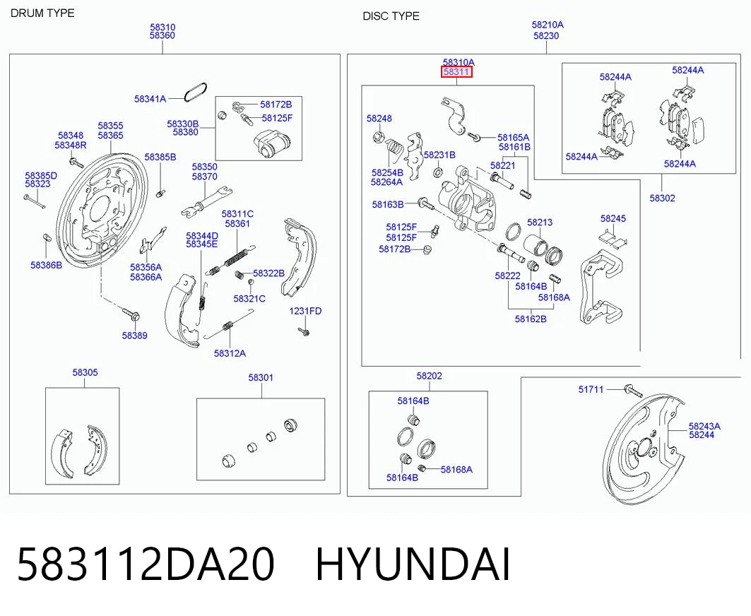 583112DA20 Hyundai/Kia Suporte do freio traseiro direito