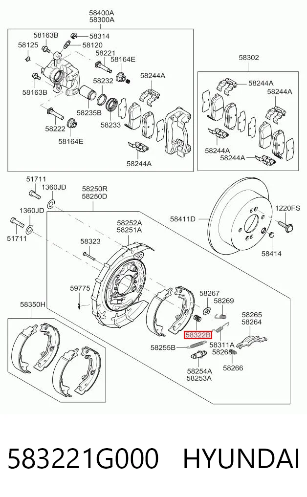 583221G000 Hyundai/Kia Kit de montagem das sapatas traseiras de tambor