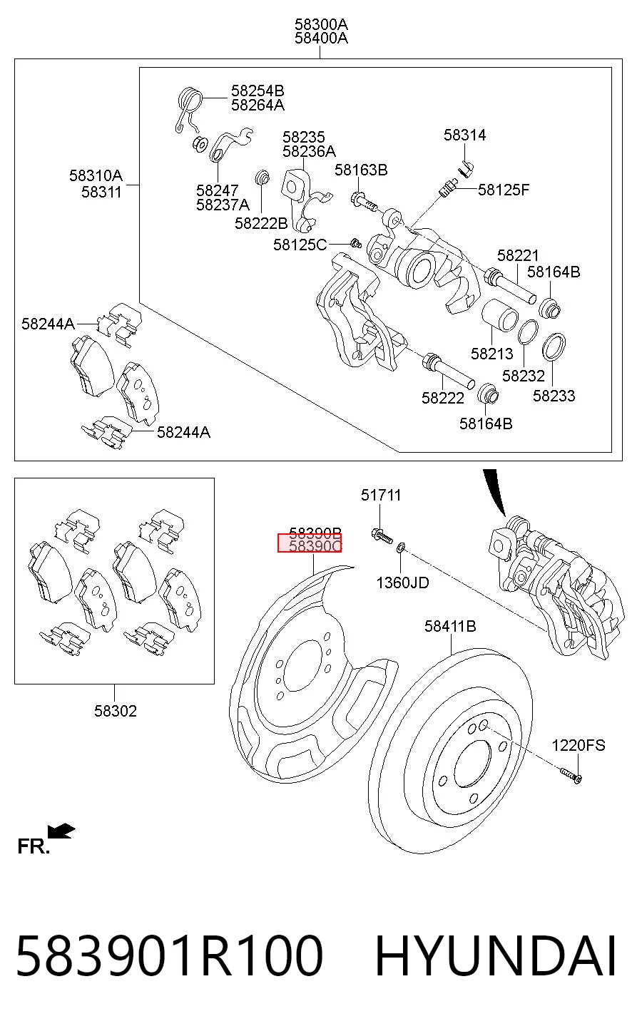 583901R100 Hyundai/Kia Proteção direita do freio de disco traseiro