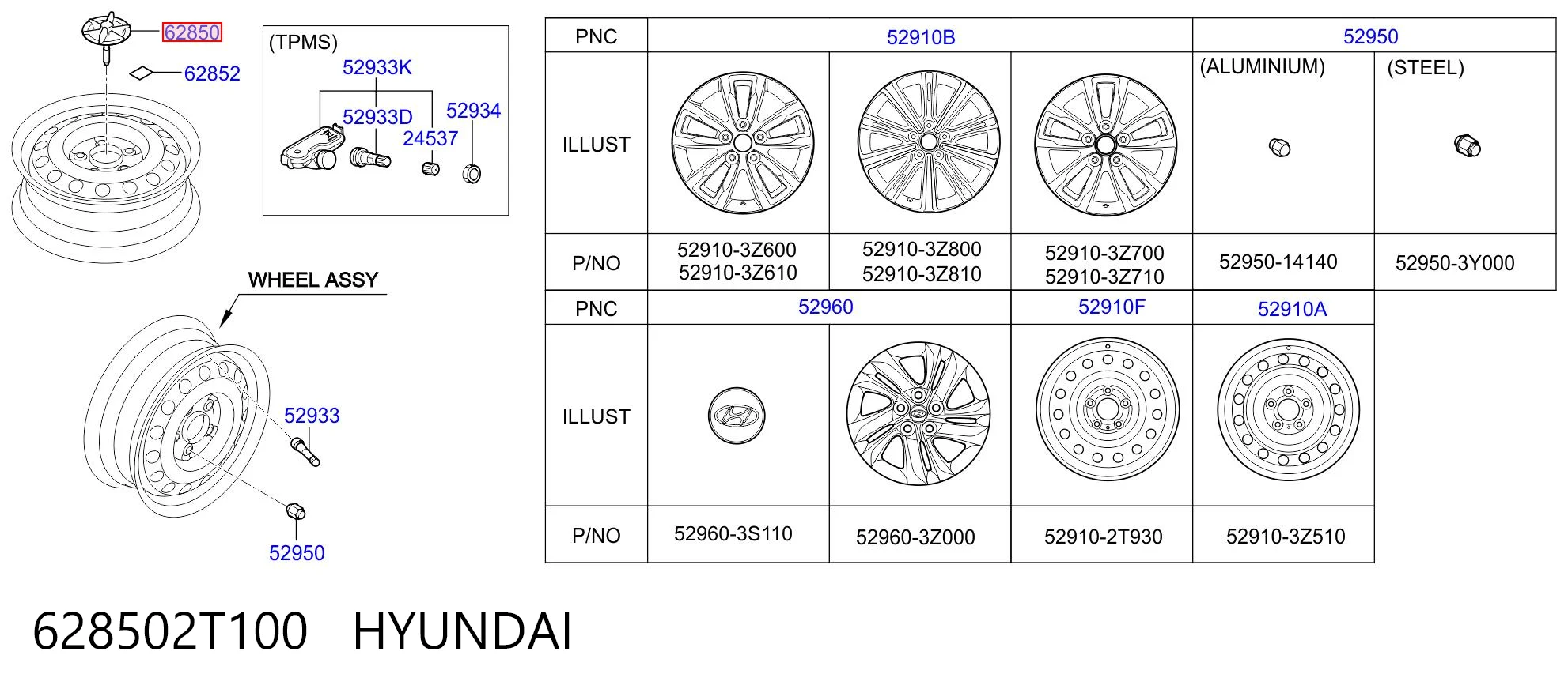 628502T100 Hyundai/Kia Consola da roda de recambio