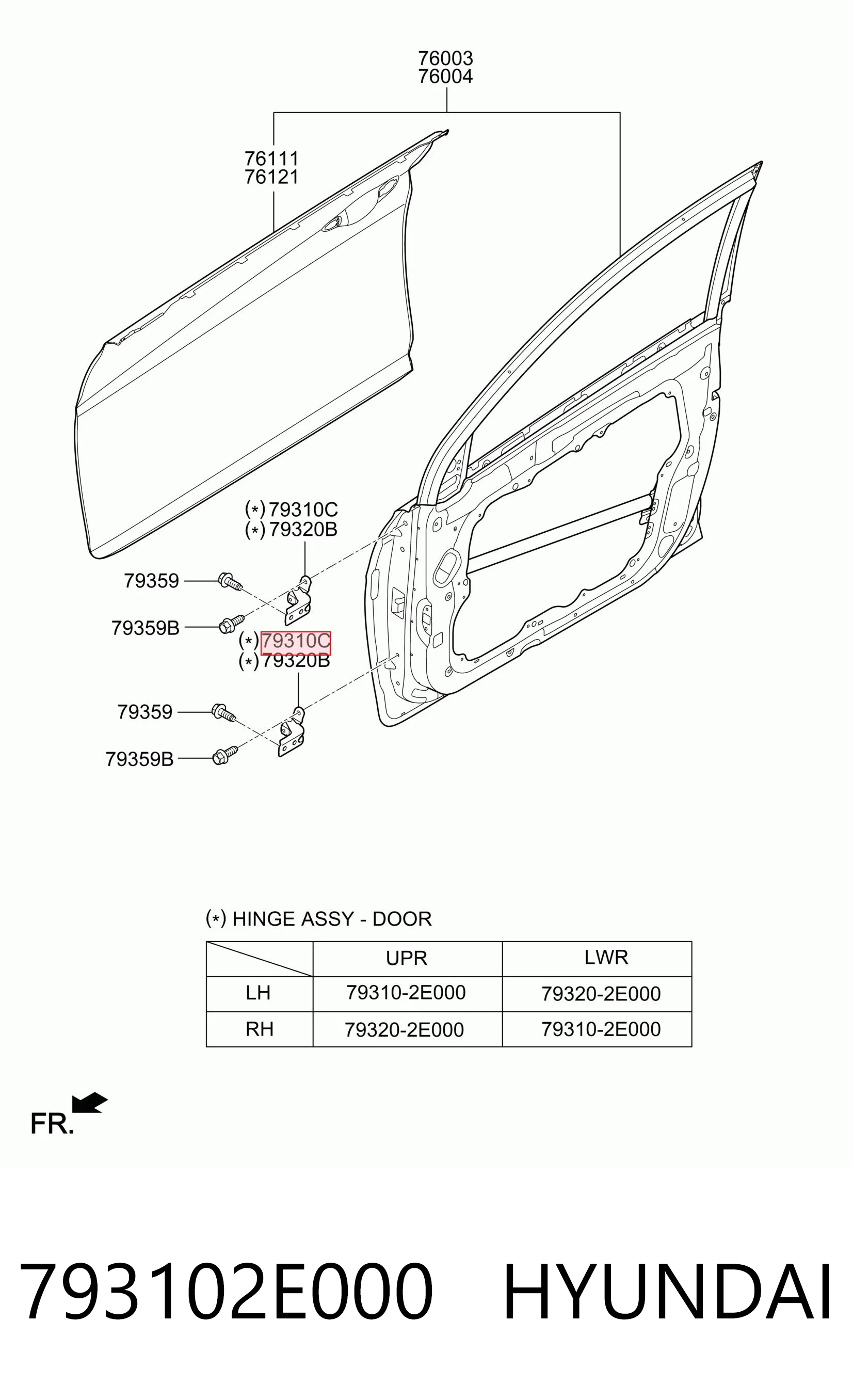 793102E000 Hyundai/Kia Gozno da porta dianteira esquerda