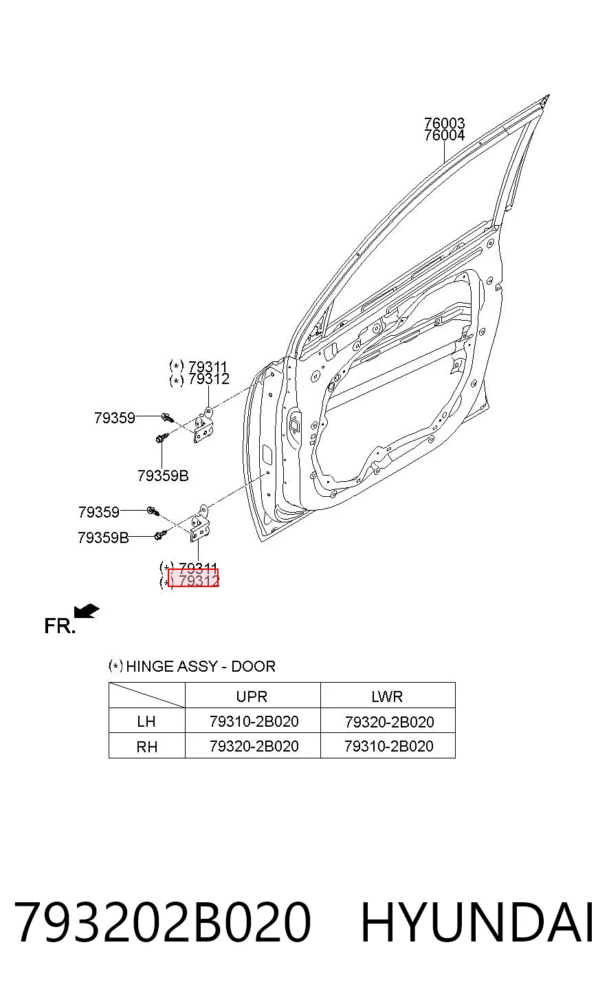 793202B020 Hyundai/Kia Gozno da porta dianteira direita