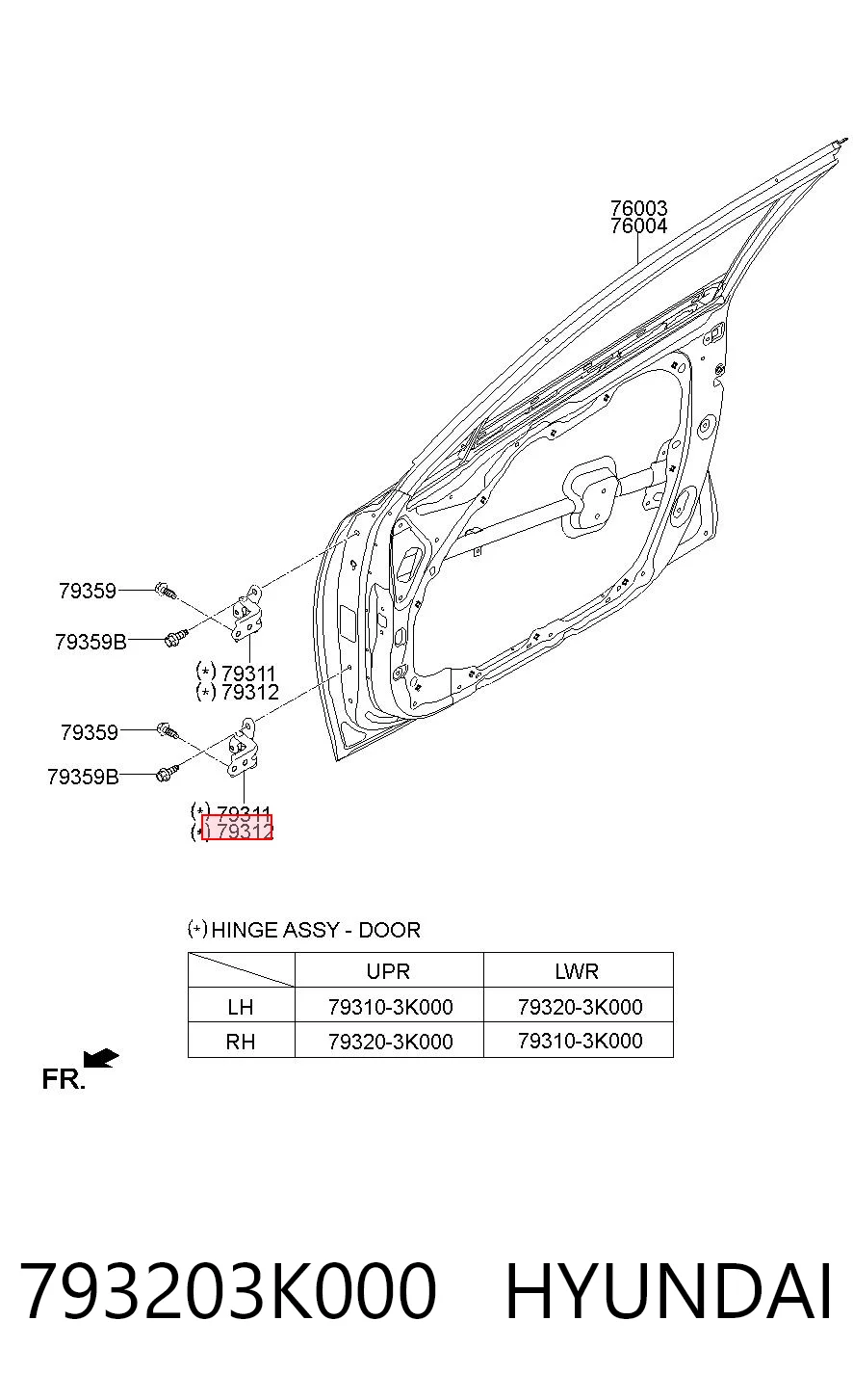 793203K000 Hyundai/Kia Gozno da porta traseira direita