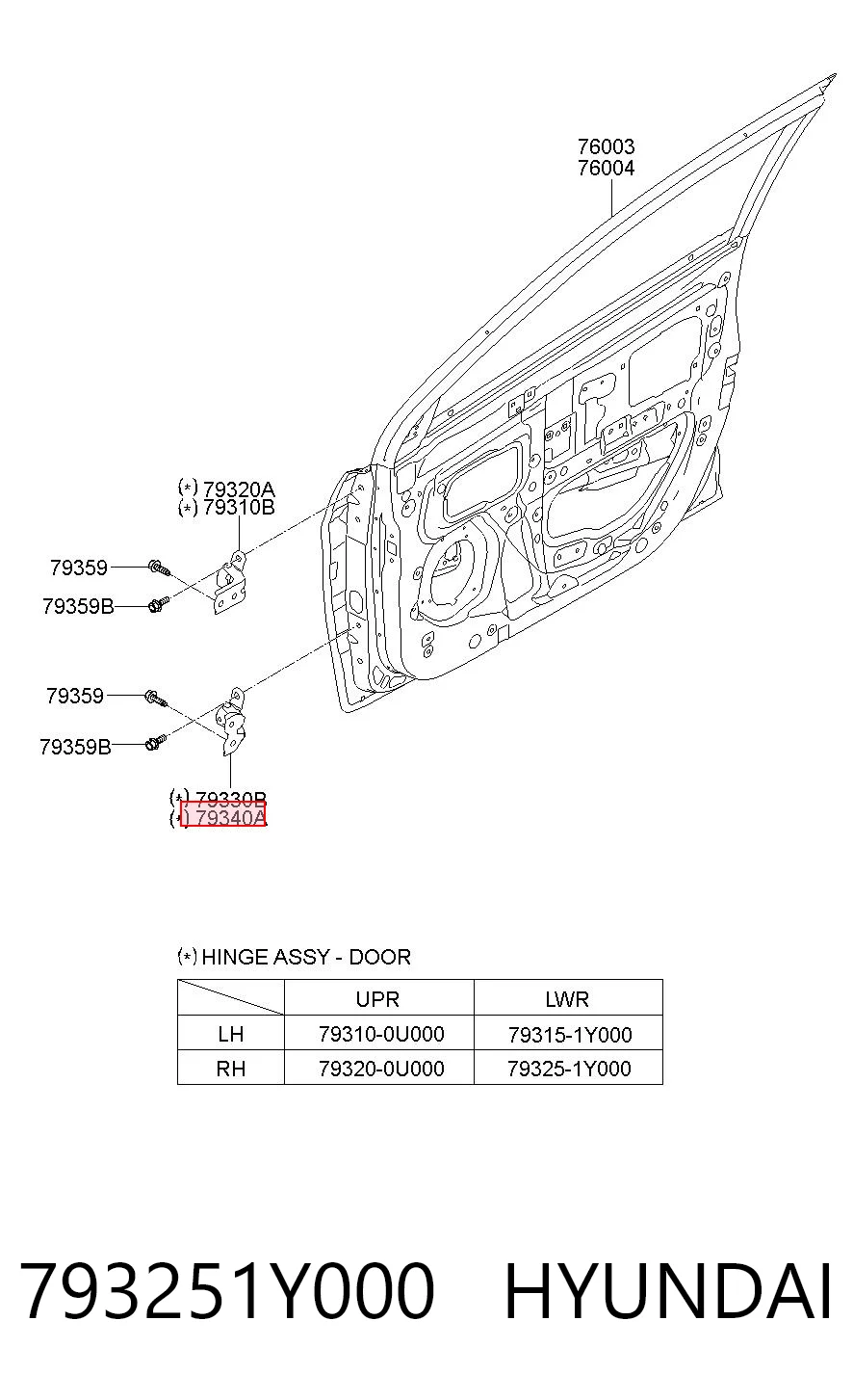 793251Y000 Hyundai/Kia Gozno da porta dianteira direita