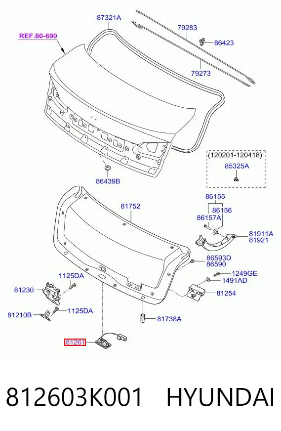 812603K001 Hyundai/Kia Lanterna da luz de fundo de matrícula traseira