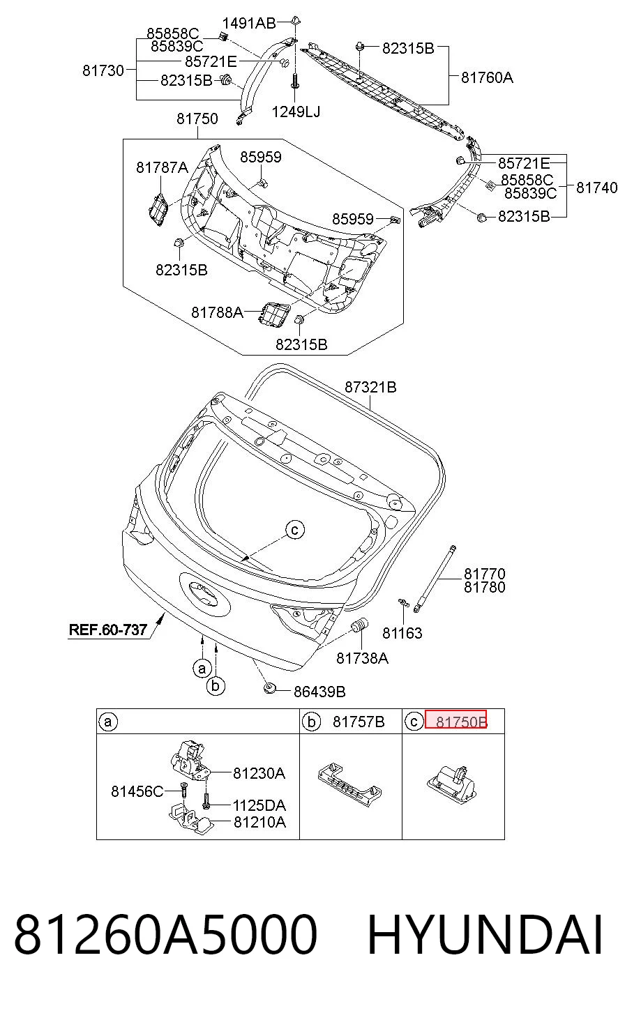 81260A5000 Hyundai/Kia Puxador externo de tampa de porta-malas (de 3ª/5ª porta traseira)