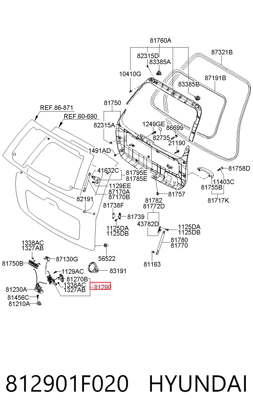 812901F020 Hyundai/Kia Motor acionador de abertura/fechamento de porta-malas (de 3ª/5ª porta traseira)