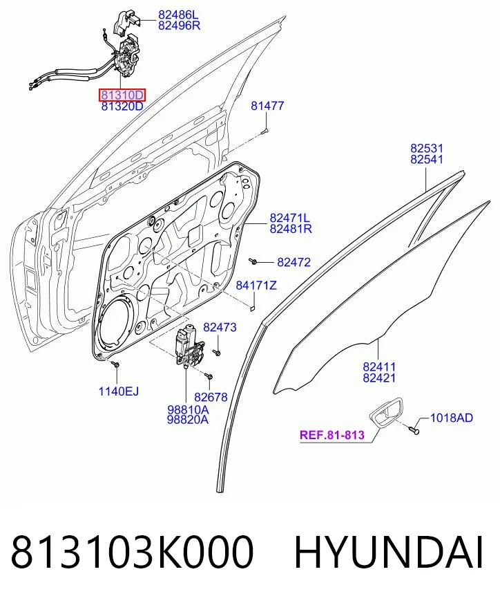 813103K000 Hyundai/Kia Fecho da porta dianteira esquerda