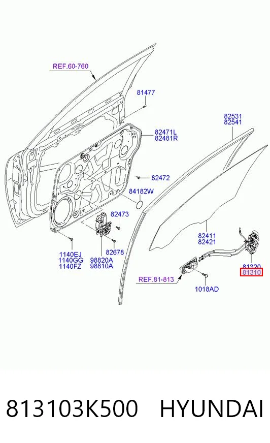 813103K500 Hyundai/Kia Fecho da porta dianteira esquerda