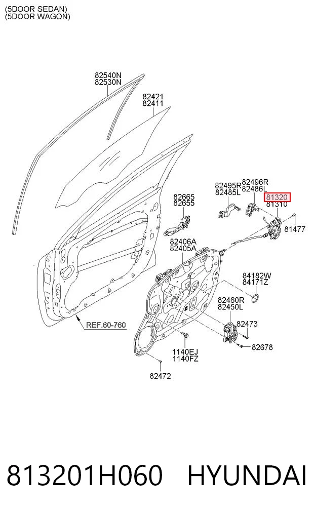 813201H060 Hyundai/Kia Fecho da porta dianteira direita
