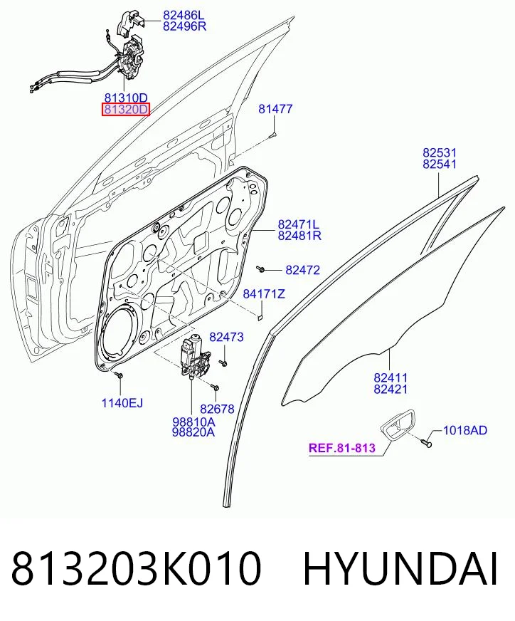 813203K010 Hyundai/Kia Fecho da porta dianteira direita