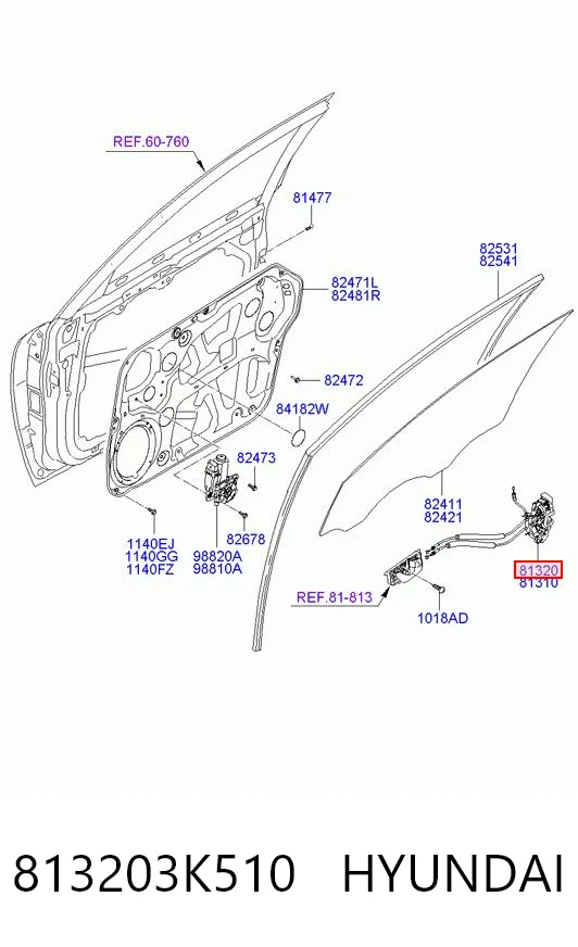 813203K510 Hyundai/Kia Fecho da porta dianteira direita