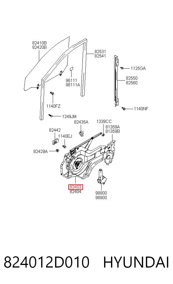 824012D010 Hyundai/Kia Mecanismo de acionamento de vidro da porta dianteira esquerda
