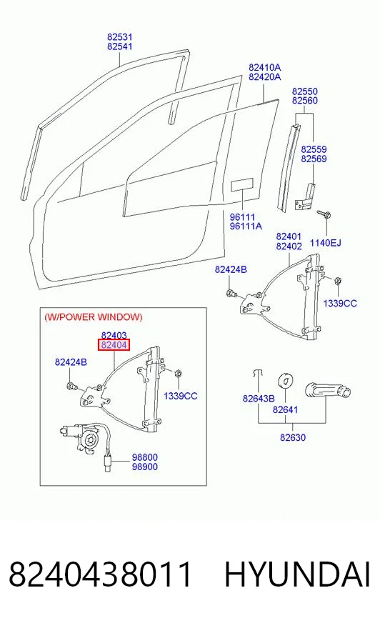 8240438011 Hyundai/Kia Mecanismo de acionamento de vidro da porta dianteira direita