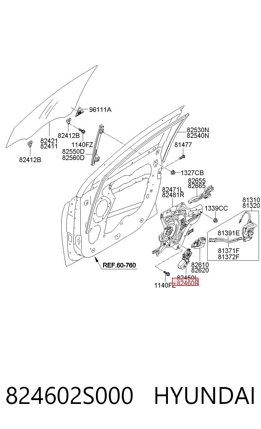 824602S000 Hyundai/Kia Mecanismo de acionamento de vidro da porta dianteira direita