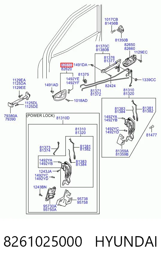 8261025000 Hyundai/Kia Maçaneta interna dianteira/traseira da porta esquerda