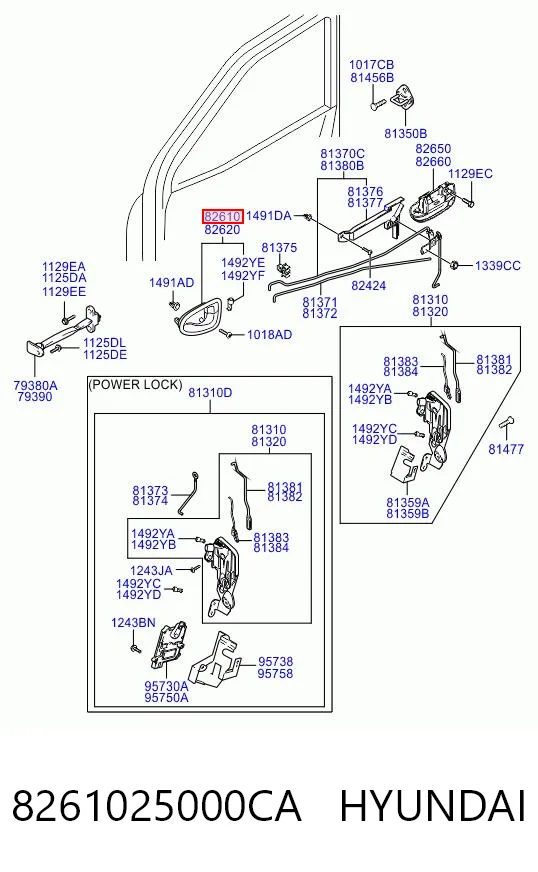 8261025000CA Hyundai/Kia Maçaneta interna dianteira/traseira da porta esquerda