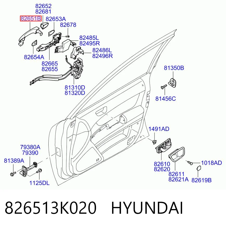 826513K020 Hyundai/Kia Maçaneta externa da porta dianteira