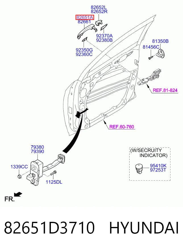 82651D3710 Hyundai/Kia Maçaneta dianteira esquerda externa da porta