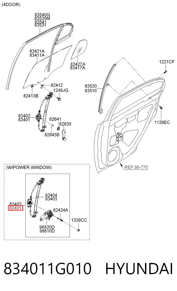 834011G010 Hyundai/Kia Mecanismo de acionamento de vidro da porta traseira esquerda