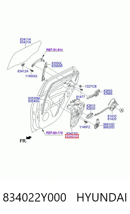 834022Y000 Hyundai/Kia Mecanismo de acionamento de vidro da porta traseira direita