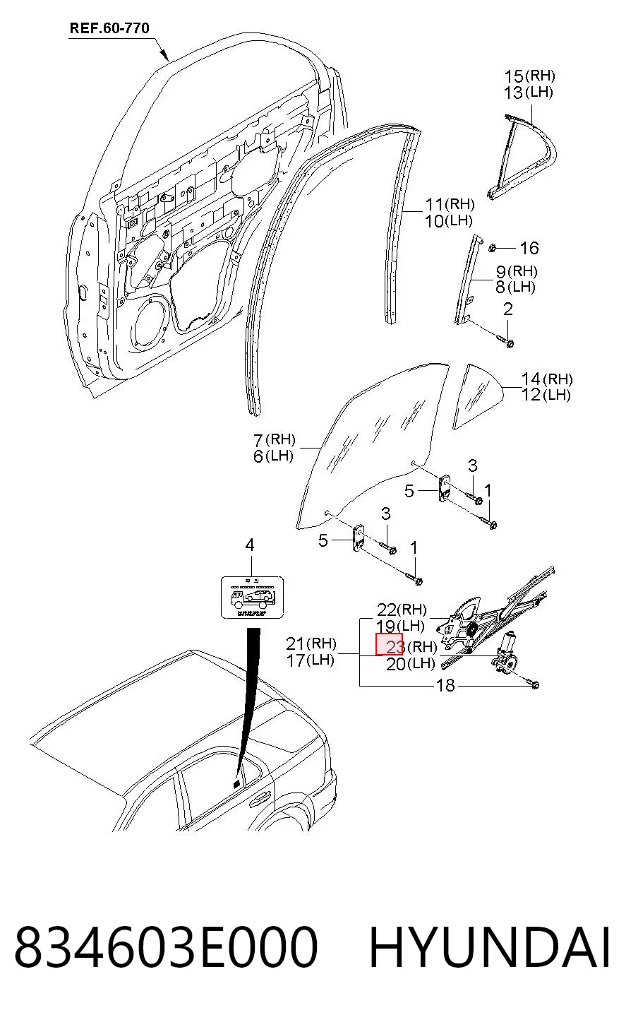 834603E000 Hyundai/Kia Motor de acionamento de vidro da porta traseira direita