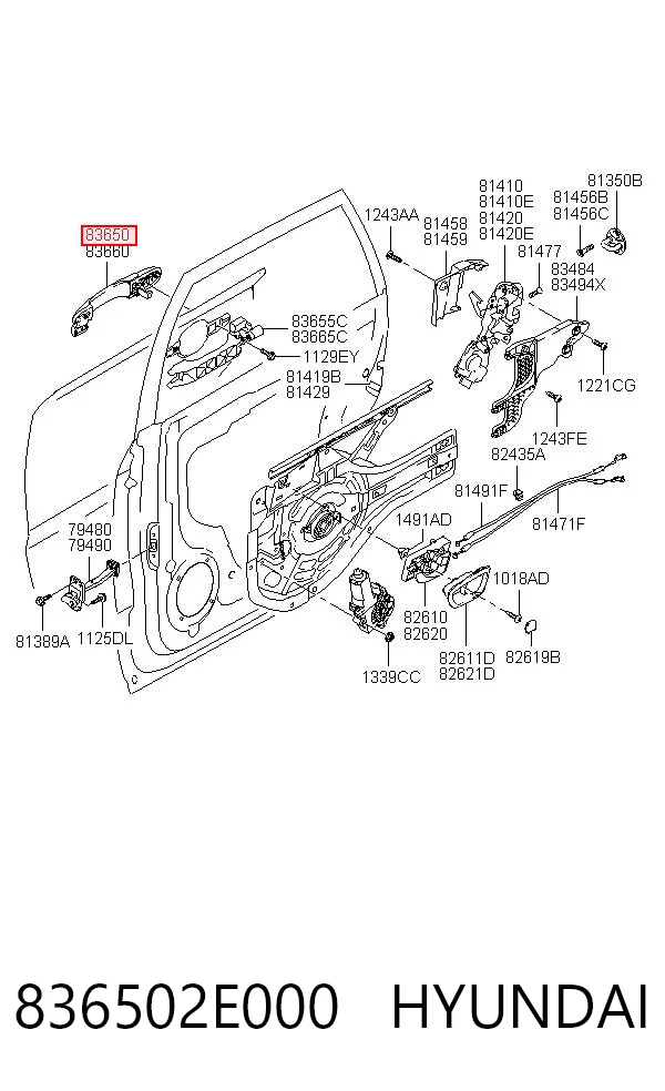 836502E000 Hyundai/Kia Maçaneta externa esquerda da porta traseira
