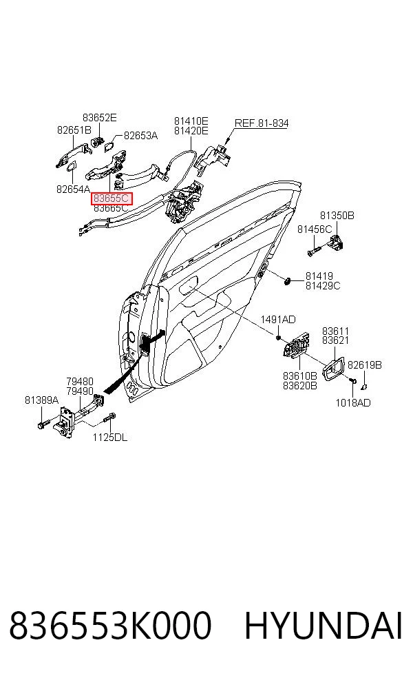 836553K000 Hyundai/Kia Suporte de maçaneta externa da porta traseira esquerda
