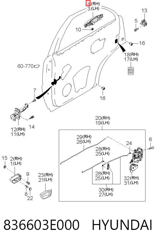 836603E000 Hyundai/Kia Maçaneta externa direita da porta traseira