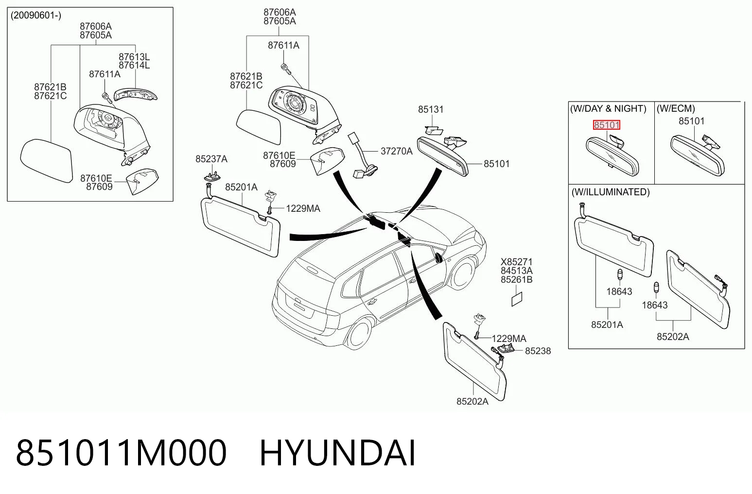 851011M000 Hyundai/Kia Espelho de salão interno