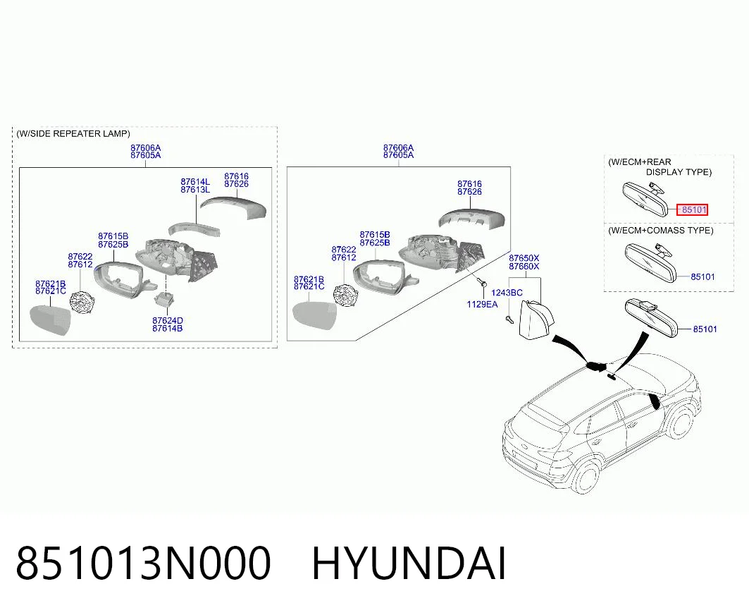 851013N000 Hyundai/Kia Espelho de salão interno