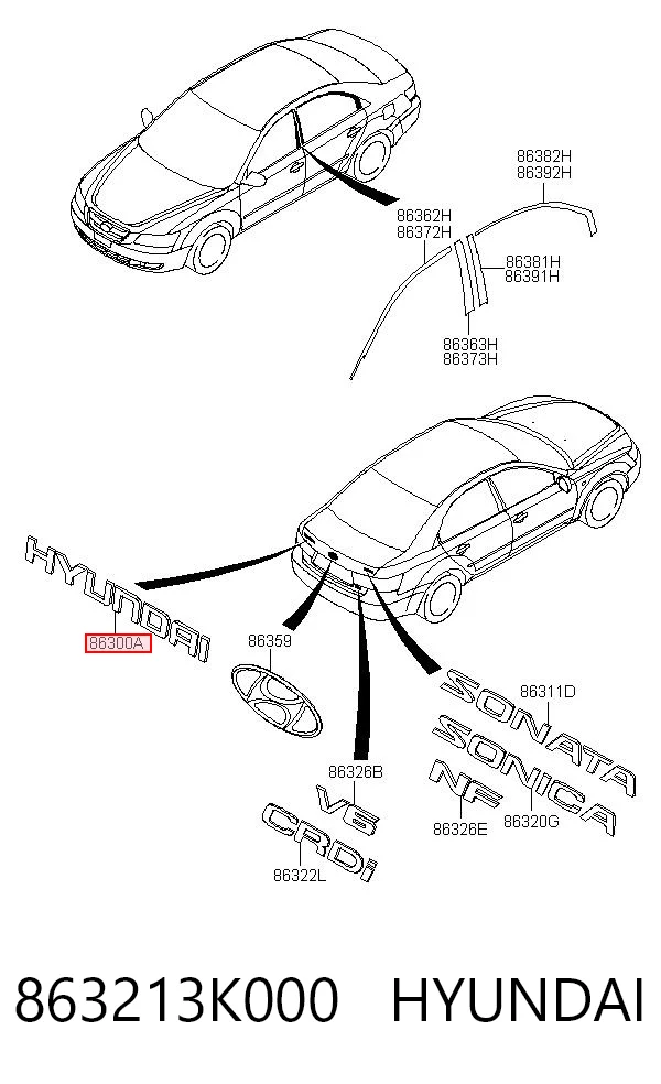 863213K000 Hyundai/Kia Emblema de tampa de porta-malas (emblema de firma)
