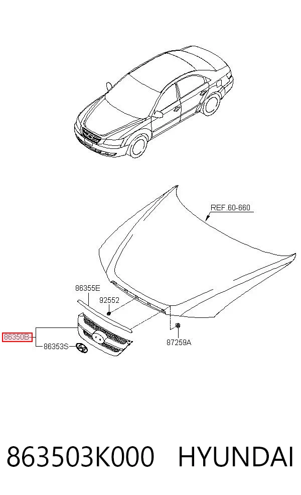  Grelha do radiador Hyundai Sonata V sedan (NF) (2004 - 2007) V
