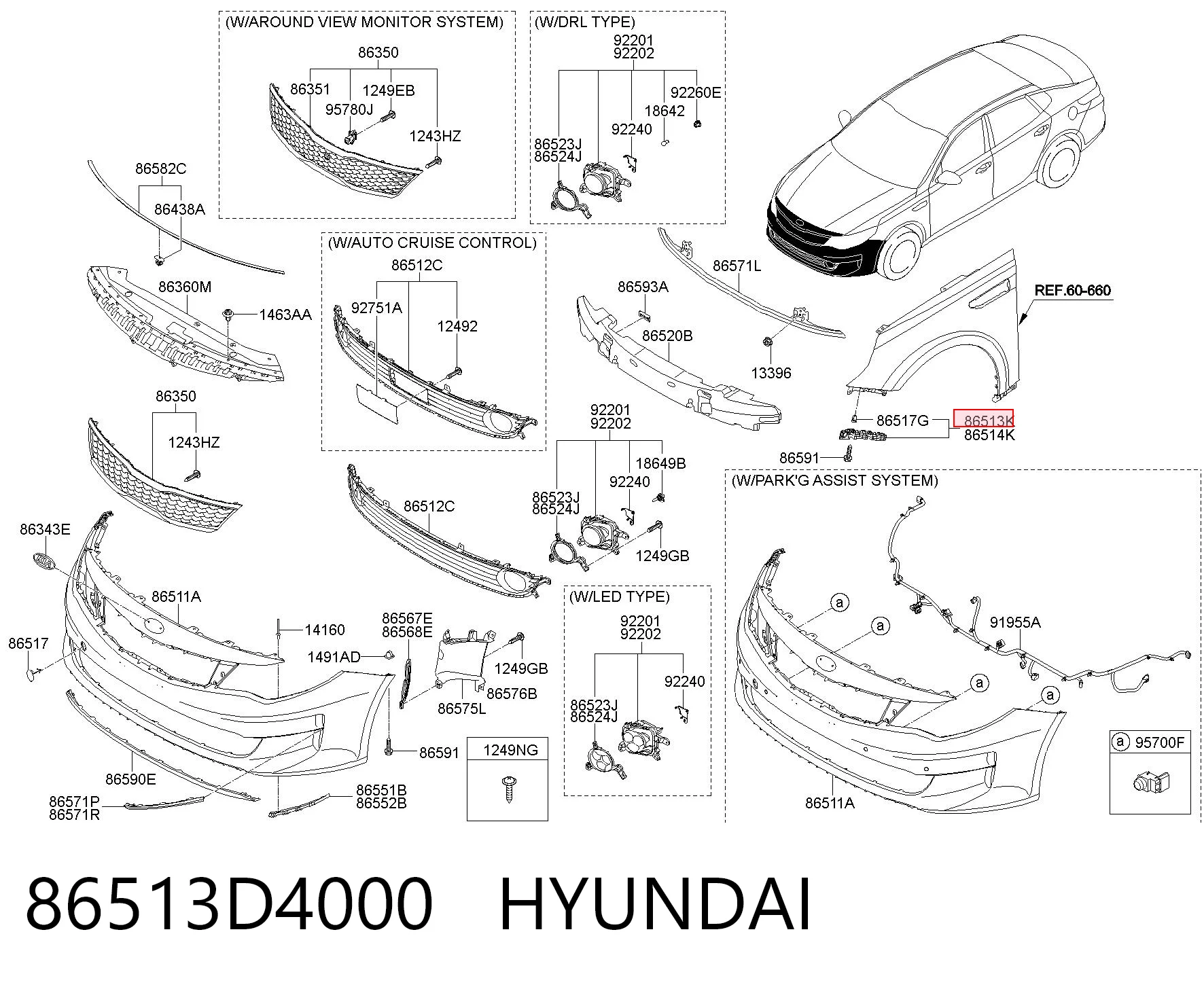 86513D4000 Hyundai/Kia Consola externa esquerda do pára-choque dianteiro