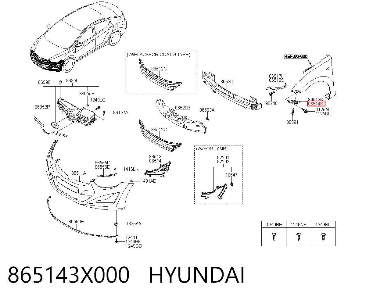 865143X000 Hyundai/Kia Consola do pára-choque dianteiro direito