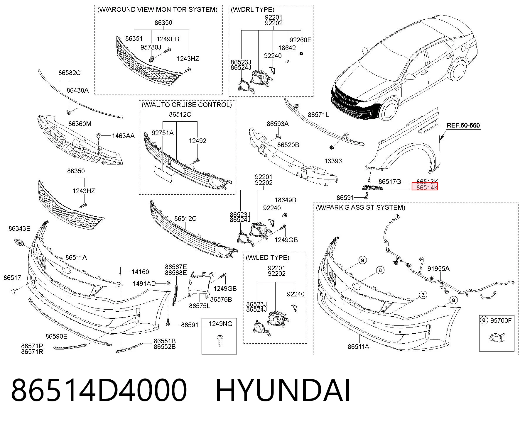 86514D4000 Hyundai/Kia Consola externa direita do pára-choque dianteiro