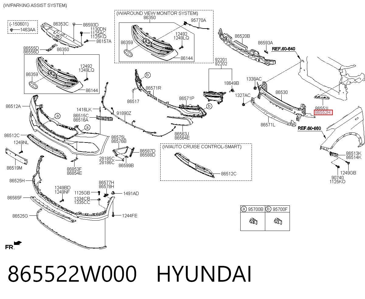 865522W000 Hyundai/Kia Consola do pára-choque dianteiro direito