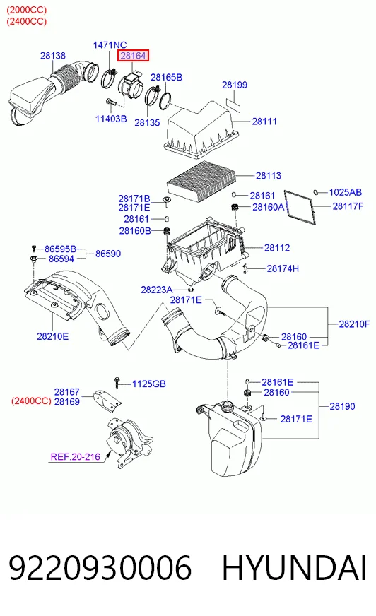 9220930006 Hyundai/Kia Sensor de fluxo (consumo) de ar, medidor de consumo M.A.F. - (Mass Airflow)