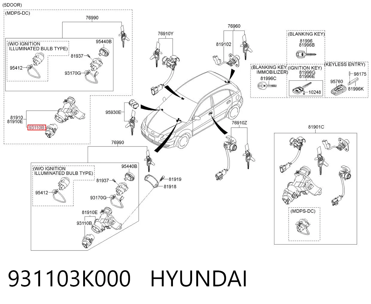 931103K000 Hyundai/Kia Grupo de contato de fecho de ignição