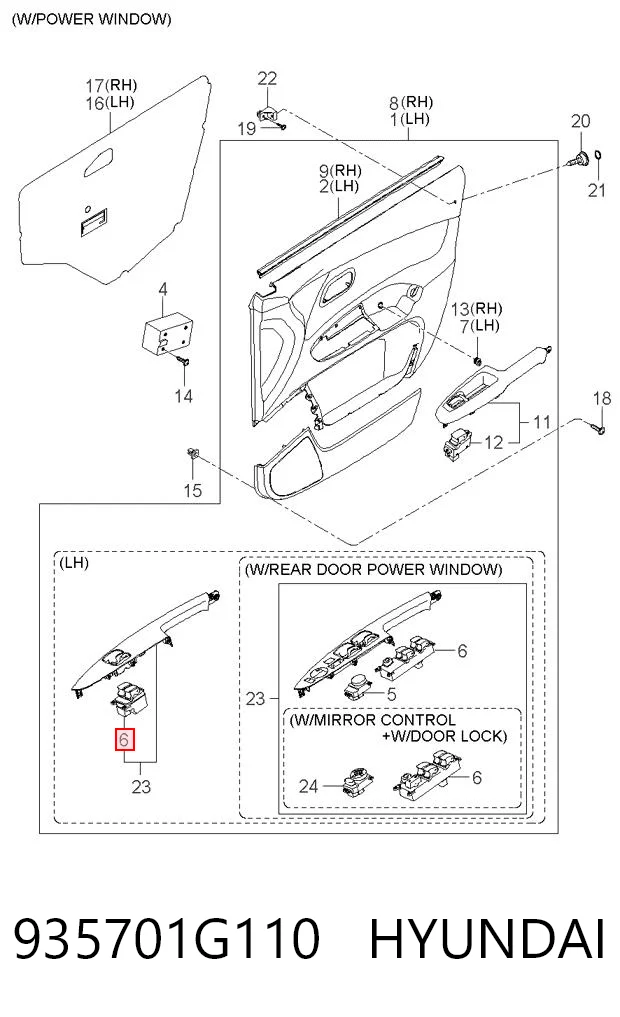 935701G110 Hyundai/Kia Unidade de botões dianteira esquerda de controlo de elevador de vidro