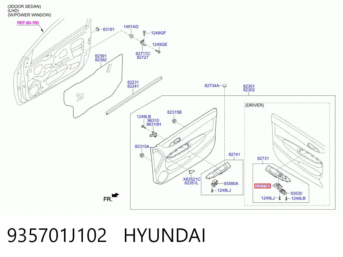 935701J102 Hyundai/Kia Unidade de botões dianteira esquerda de controlo de elevador de vidro