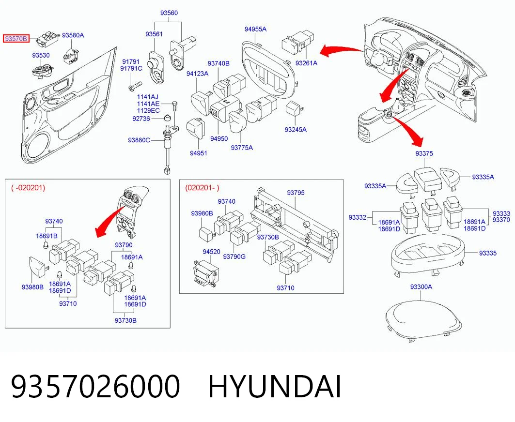 9357026000 Hyundai/Kia Unidade de botões dianteira esquerda de controlo de elevador de vidro