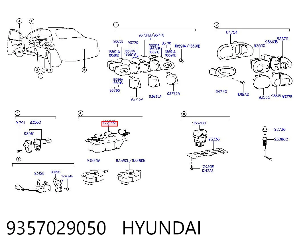9357029050 Hyundai/Kia Unidade de botões dianteira esquerda de controlo de elevador de vidro