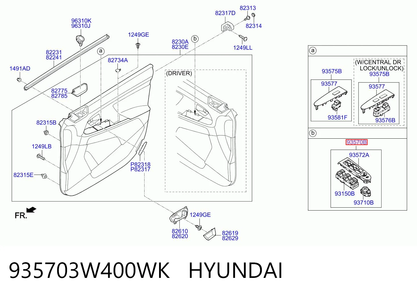 935703W400WK Hyundai/Kia Unidade de botões dianteira esquerda de controlo de elevador de vidro