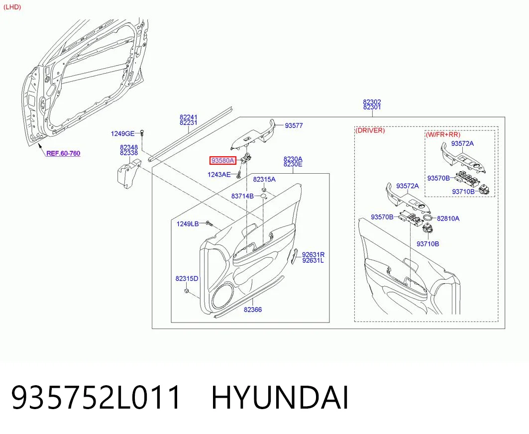 935752L011 Hyundai/Kia Botão dianteiro direito de ativação de motor de acionamento de vidro