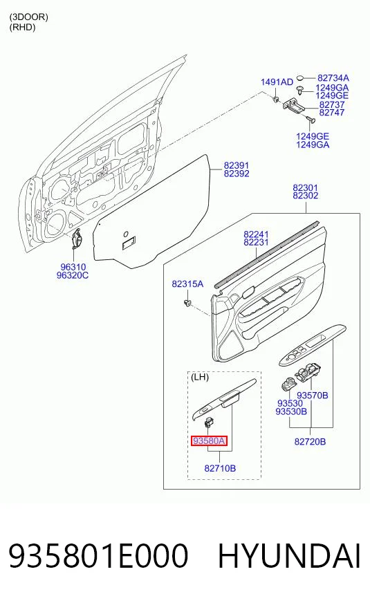 935801E000 Hyundai/Kia Unidade de botões traseira de controlo de elevador de vidro