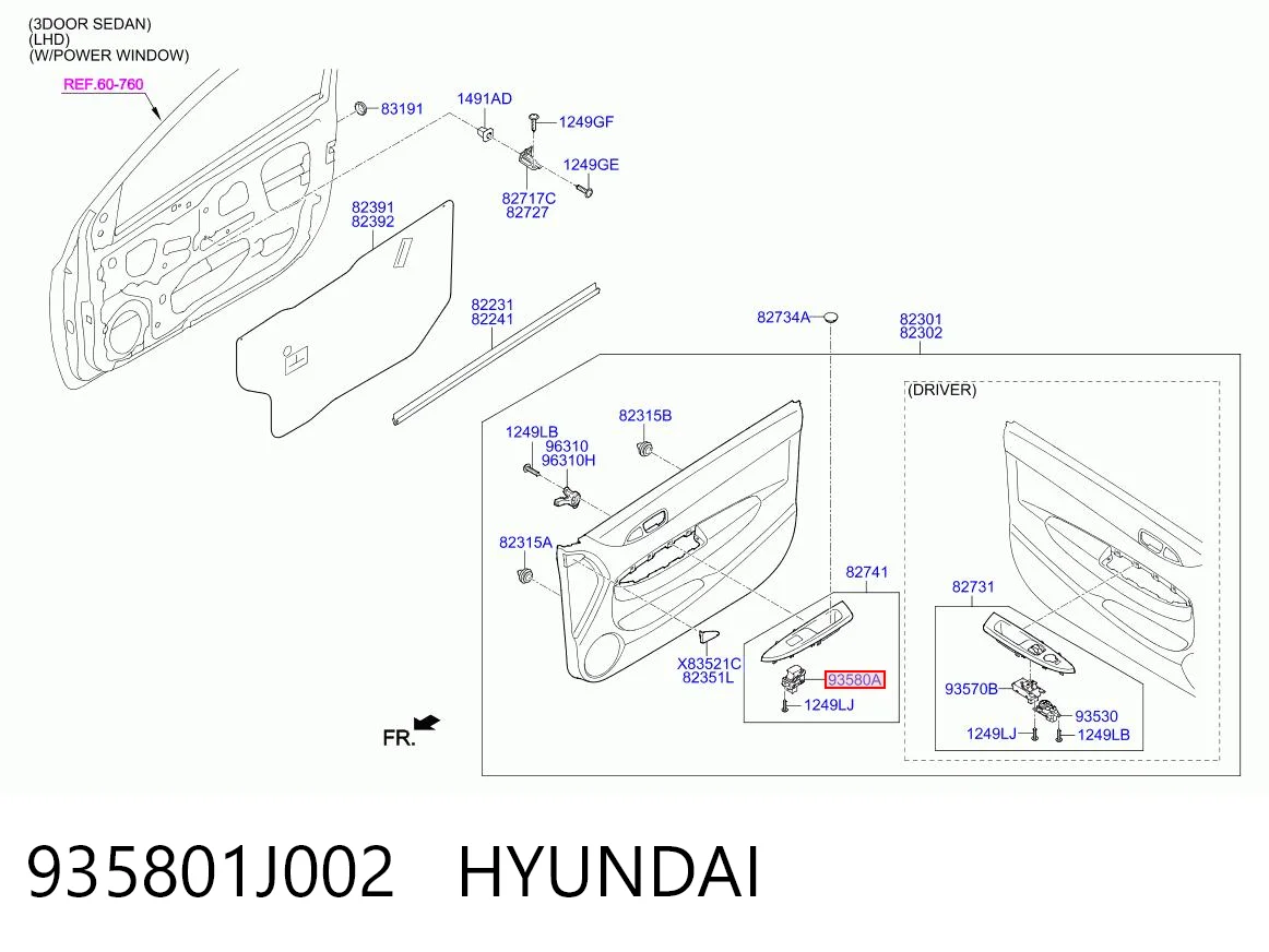 935801J002 Hyundai/Kia Unidade de controlo dos espelhos de retrovisão, na porta