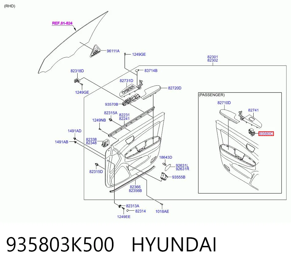 935803K500 Hyundai/Kia Botão dianteiro direito de ativação de motor de acionamento de vidro