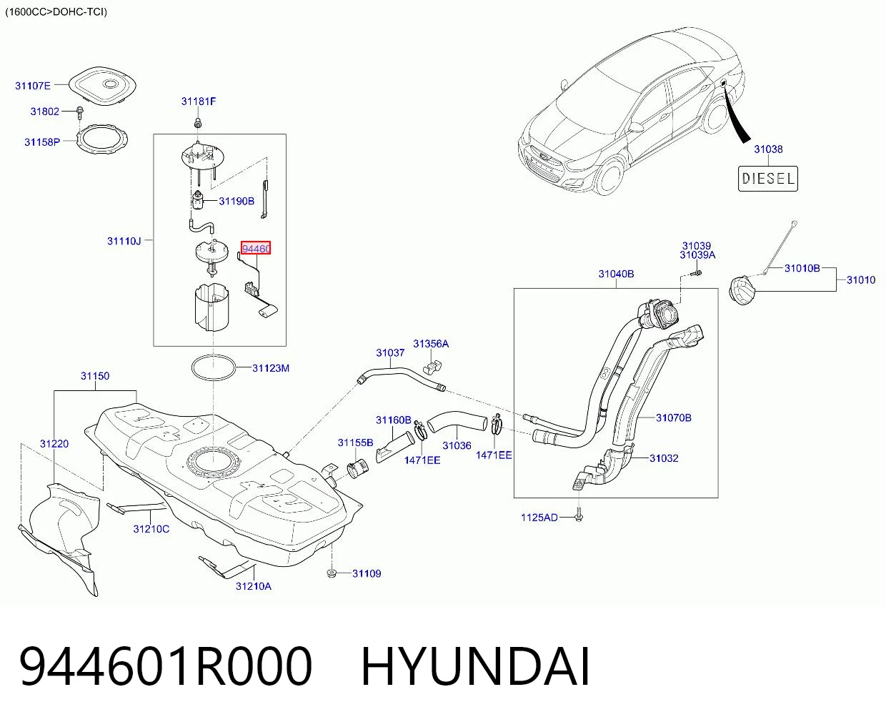 Sensor do nível de combustível no tanque para Hyundai Accent IV RB